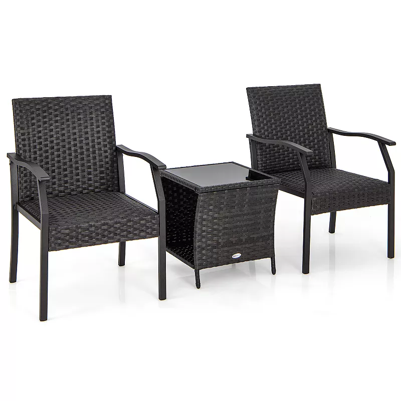 3 Piece Patio Wicker Chair Set With Quick - Drying Cushions