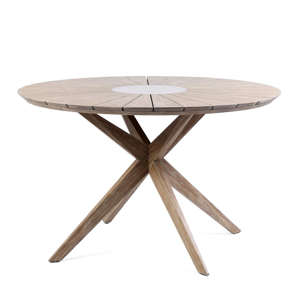 Neve 48 Inch Outdoor Round Dining Table  Light Eucalyptus Wood  Gray Stone