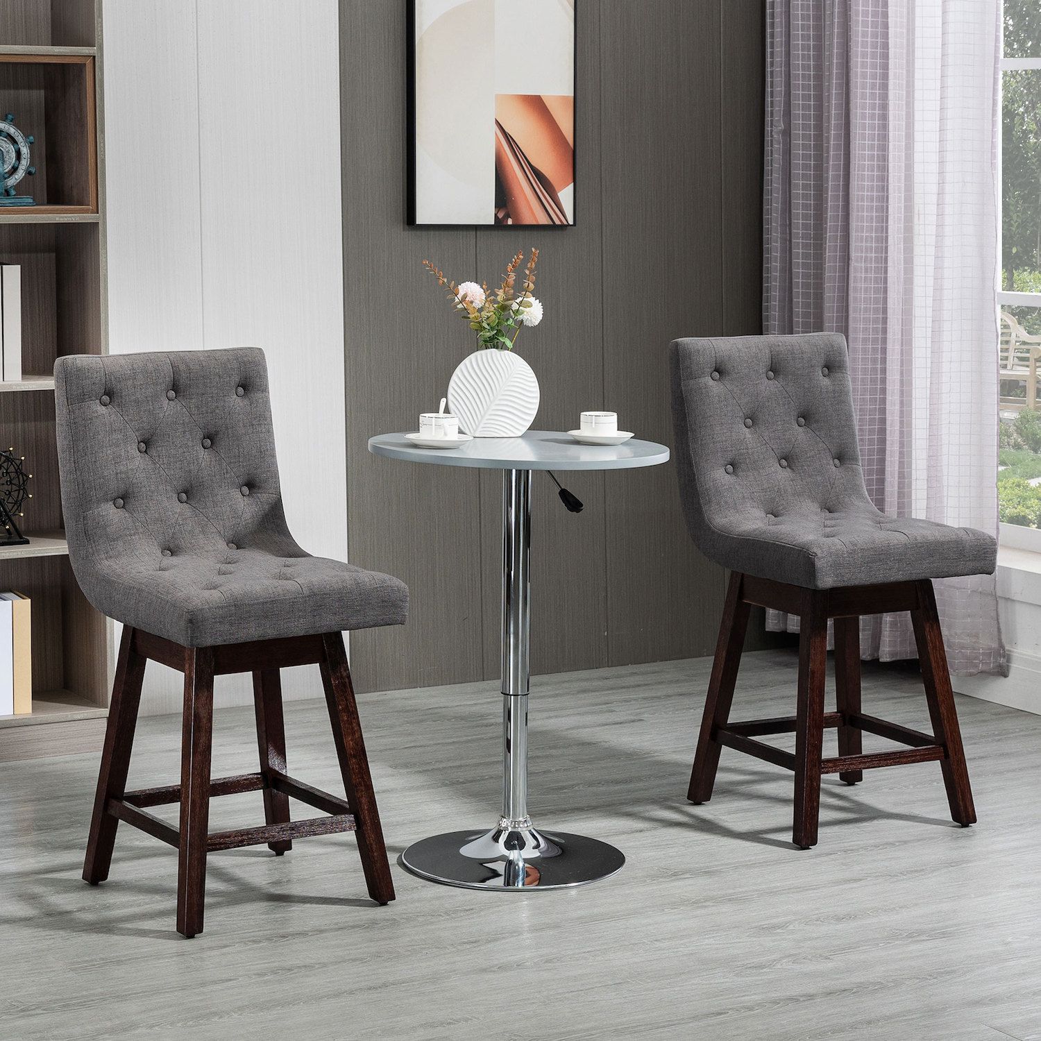 HOMCOM Bar Stools Set of 2， Swivel Bar Chairs， 25.5 High Fabric Tufted Breakfast Barstools for Kitchen Counter， Dark Grey