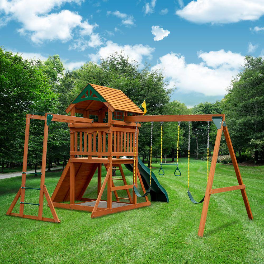 Gorilla Playsets DIY Outing III Wooden Outdoor Playset with Wood Roof Monkey Bars Slide Swings and Backyard Swing Set Accessories 01-1069