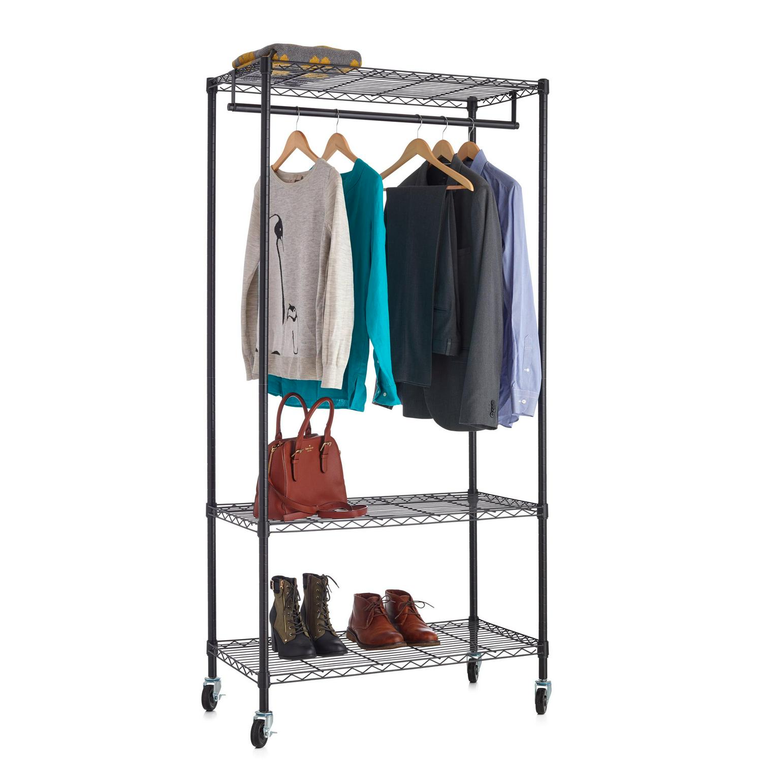 HSS 3-Tier Wire Shelf Garment Rack with Casters 18 x48 x73 Black， Capacity 500 lbs