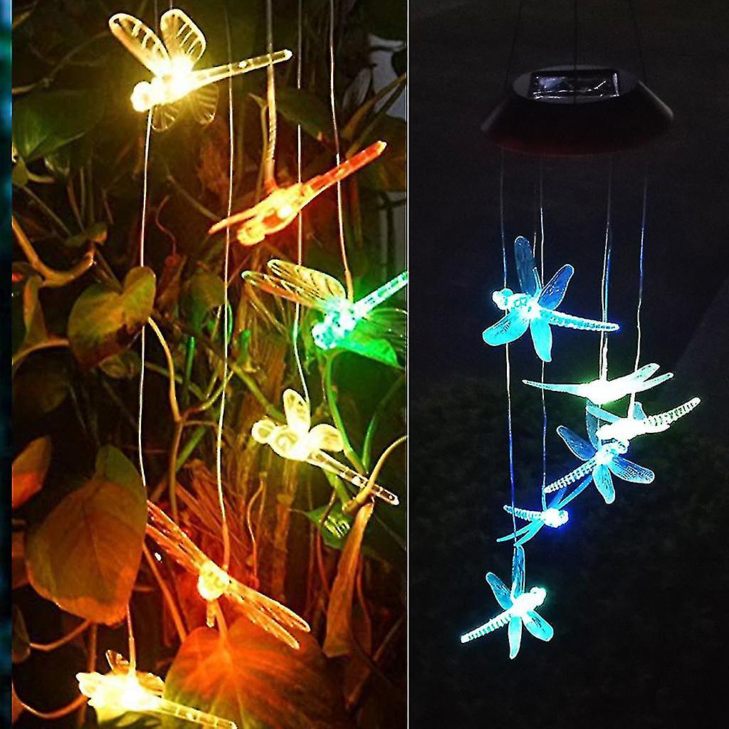 Led Solar Powered Dragonfly Wind Chimes Light Home Garden Hanging Lamp Decor