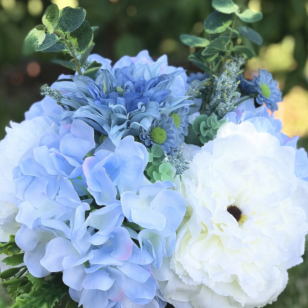 Enova Home Artificial Mixed Silk Peony and Hydrangea Fake Flowers Arrangement in Clear Glass Vase for Home Decor (Cream Blue)