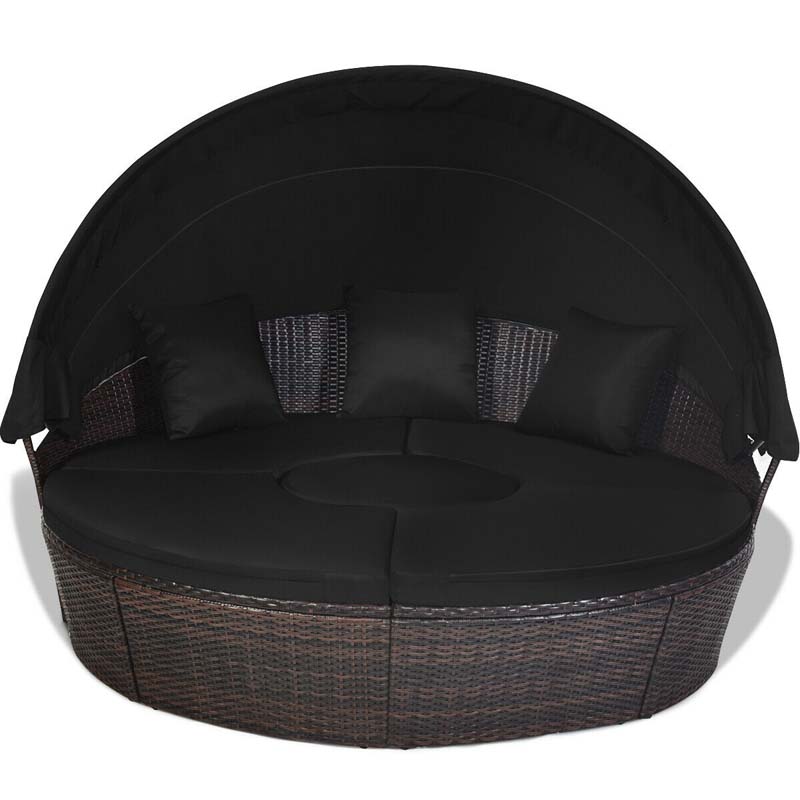 Rattan Wicker Patio Round Daybed with Retractable Canopy & Coffee Table, Outdoor Sectional Furniture Sofa Set