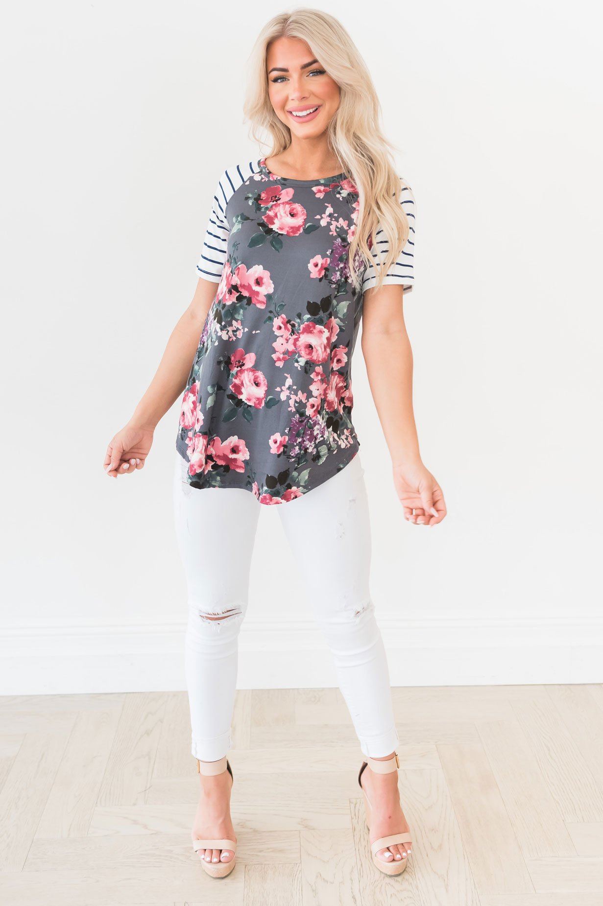 Floral & Stripes Baseball Sleeve Top