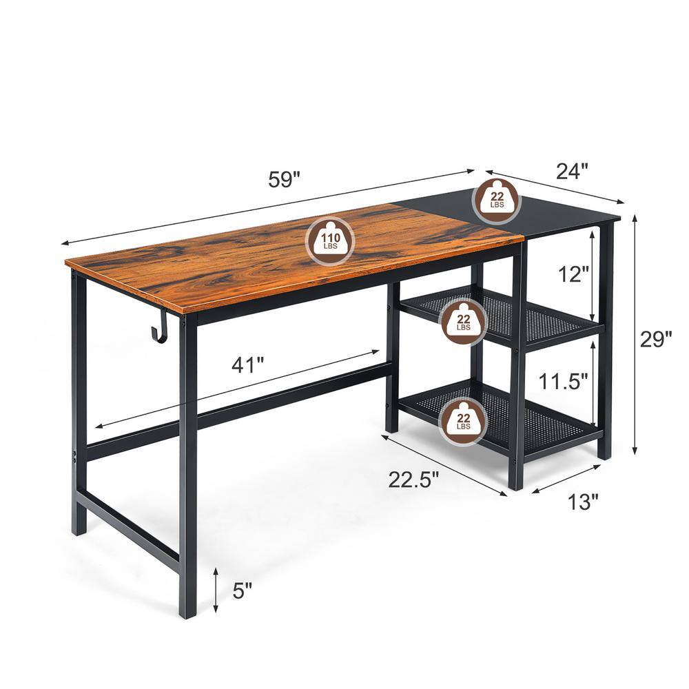 Costway 59 in. Rectangular Brown Wood Home Office Computer Desk Study Laptop Table Detachable Shelf HW67463NA