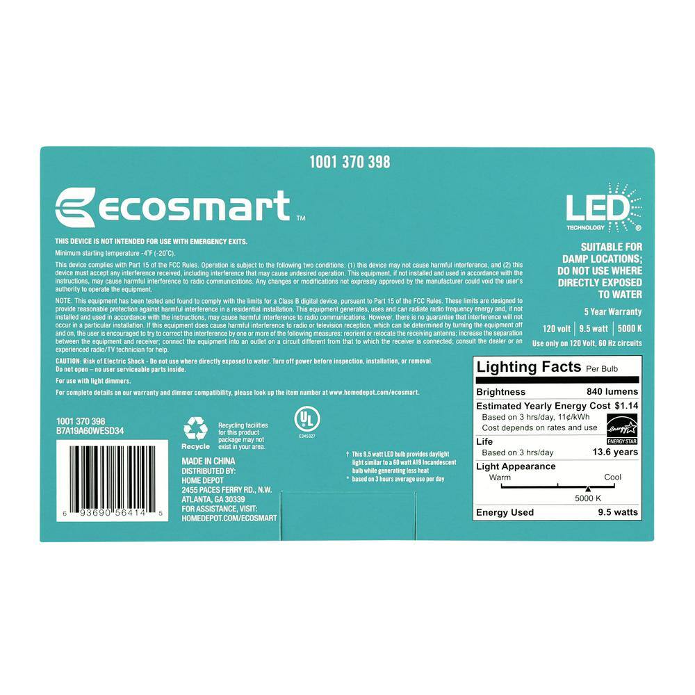 EcoSmart 60-Watt Equivalent A19 Dimmable ENERGY STAR LED Light Bulb Daylight (16-Pack) B7A19A60WESD34