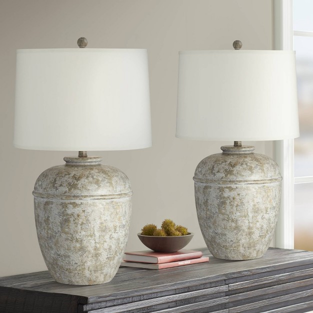 Tall Jug Farmhouse Rustic Country Cottage Table Lamps Set Of 2 Mottled Stone Finish Living Room Bedroom Bedside Cream Shade