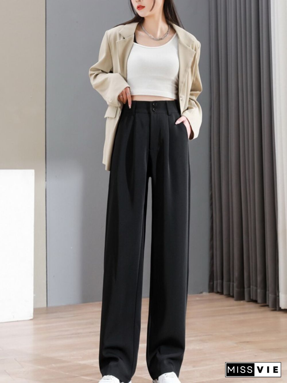 Fashion Wide Leg Pants Women's High Waist Drooping Loose Straight Trouser Female Summer New Casual Black Bottoms Pants