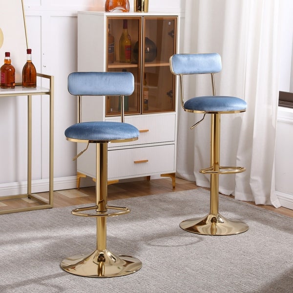 Velvet Bar Stools With Gold Metal Legs，Counter Height Dining Chairs with Back and Footrest，Set of 2