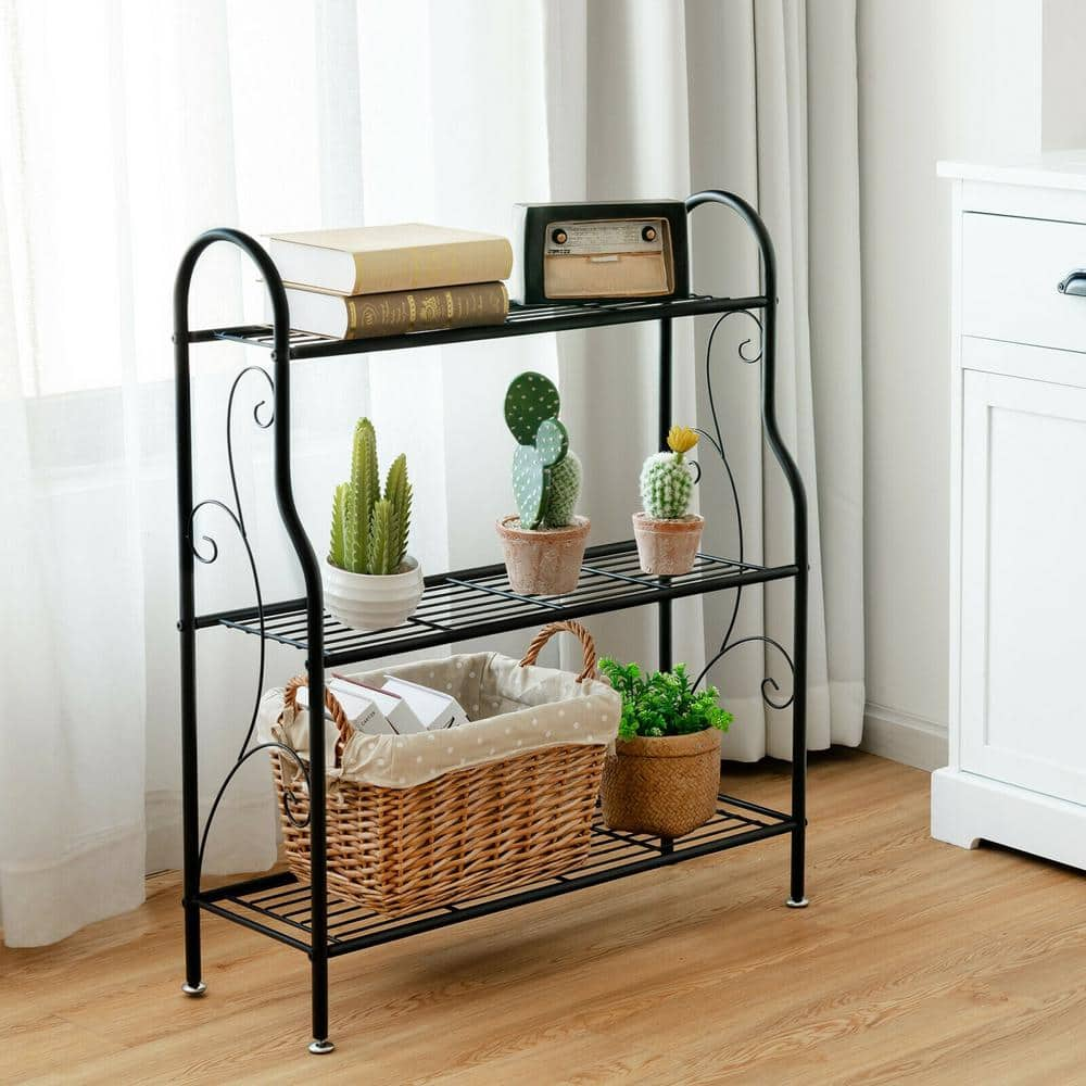 WELLFOR 33.5 in. Tall Indoor Outdoor Black Steel Plant Stand (3-Tiered) GT-HPY-3610