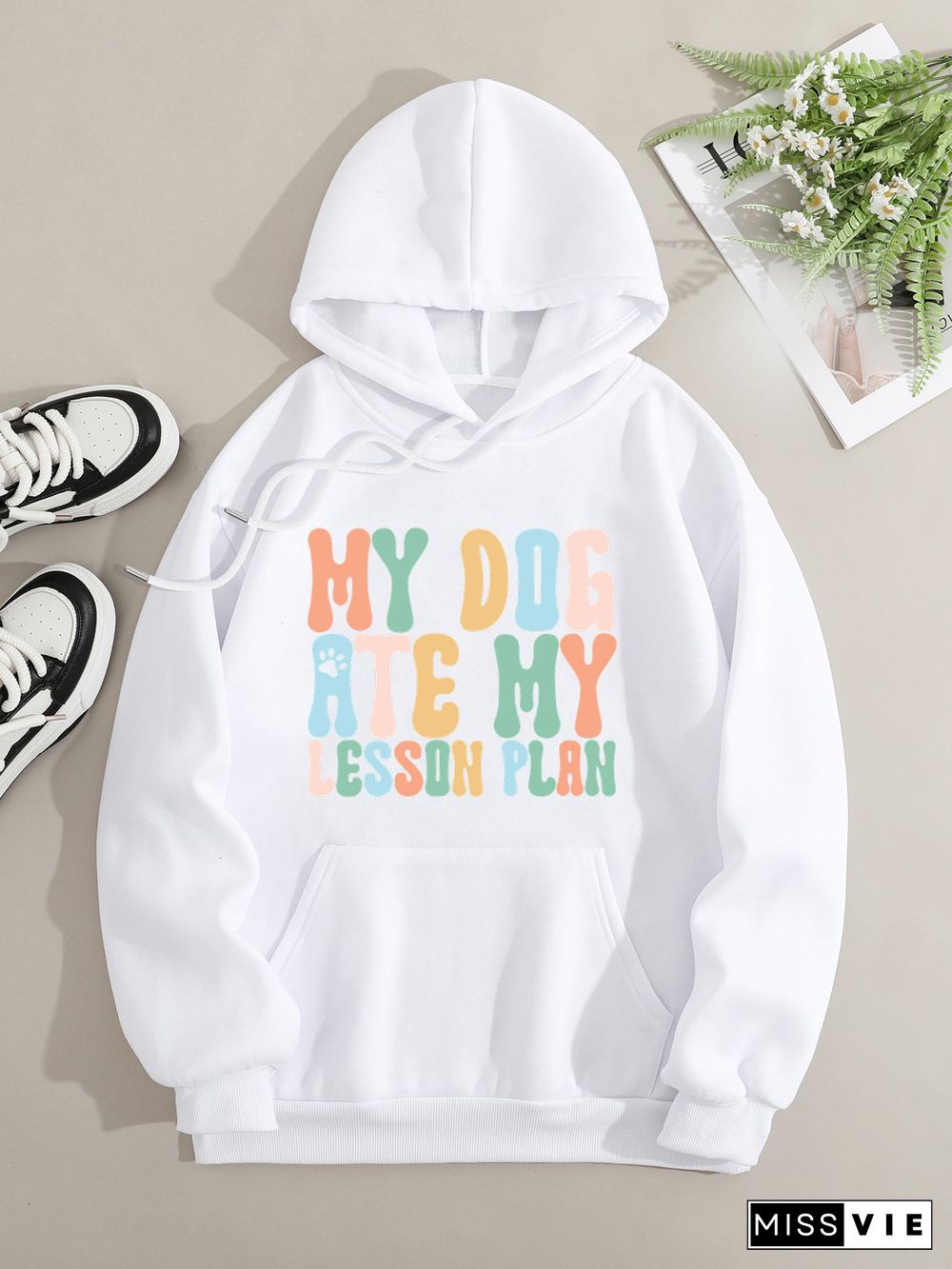 Printed on front Kangaroo Pocket Hoodie Long Sleeve for Women Pattern my dog ate my lesson plan