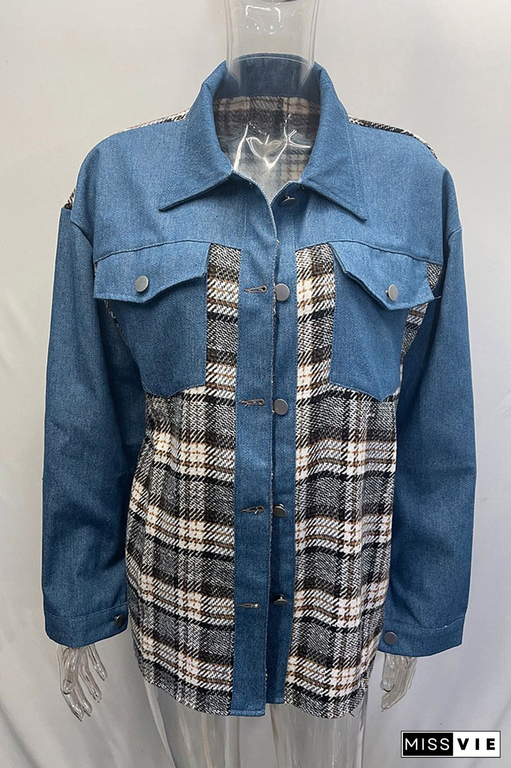 Plaid Splicing Open Button Denim Jacket