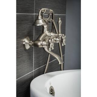 PELHAM  WHITE Vintage Style 3-Handle Wall Mount Claw Foot Tub Faucet with Cross Handles and Handshower in Brushed Nickel PW82511-C-BN