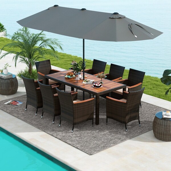 9 Piece Outdoor Dining Set with 15 Feet DoubleSided Twin Patio Umbrella