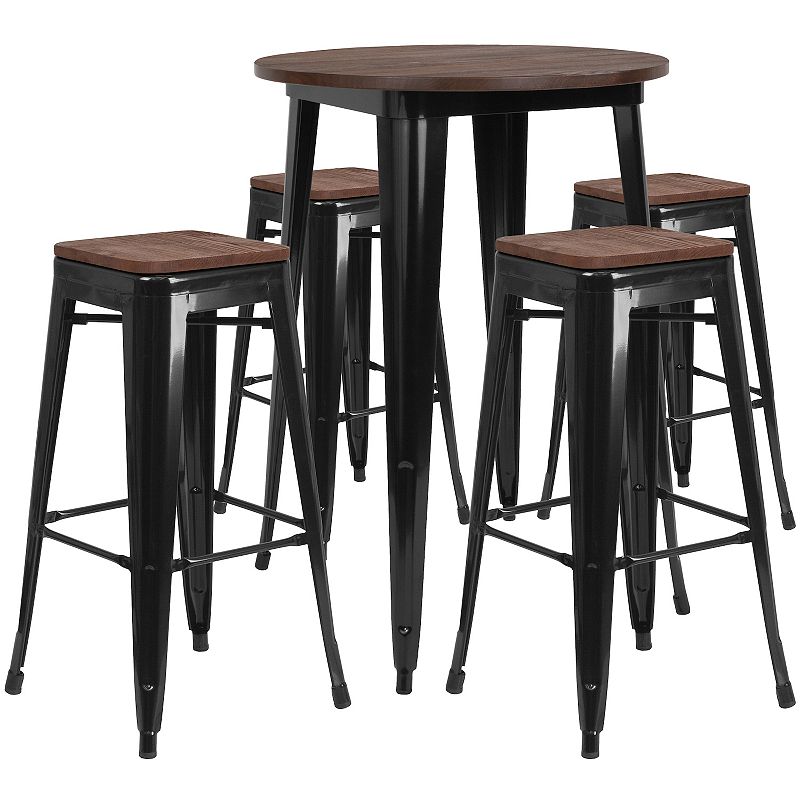 Emma and Oliver 30 Round Silver Metal/Wood Bar Table Set - 4 Backless Stools