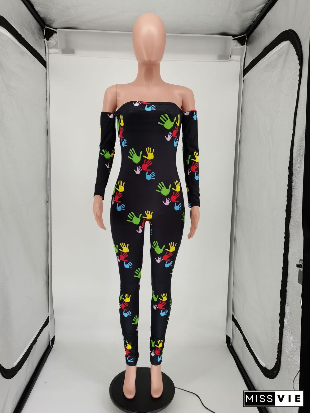 Sexy Print Off-shoulder Long Sleeve Mid-waist Bodycon Jumpsuit