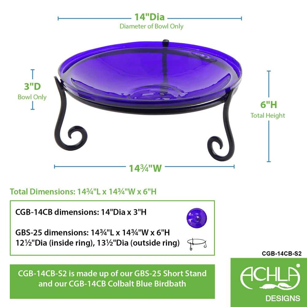 Achla Designs 14 in. Dia Cobalt Blue Reflective Crackle Glass Birdbath Bowl with Short Stand II CGB-14CB-S2