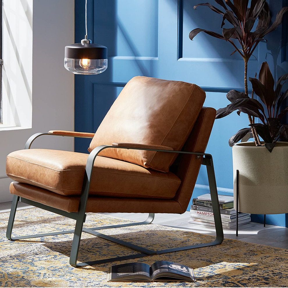 Accent Chair  Metal Frame With Grain Leather Seat and Padded Arms  Cognac Brown   Industrial   Armchairs And Accent Chairs   by Declusia  Houzz