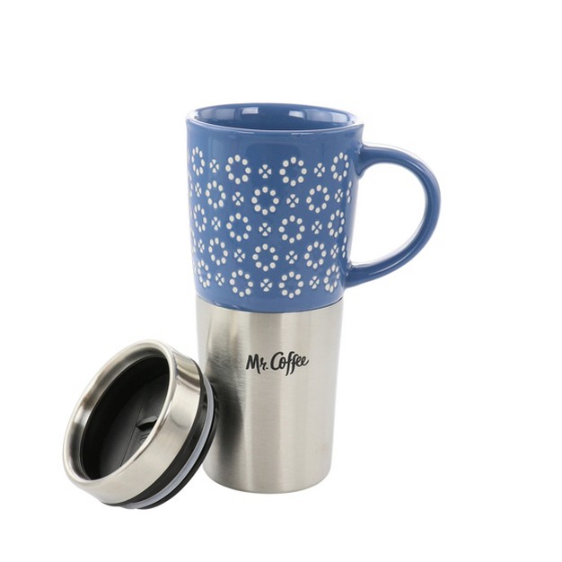 Mr Coffee Travertine 16 Ounce Stoneware And Stainless Steel Travel Mug With Lid In Blue