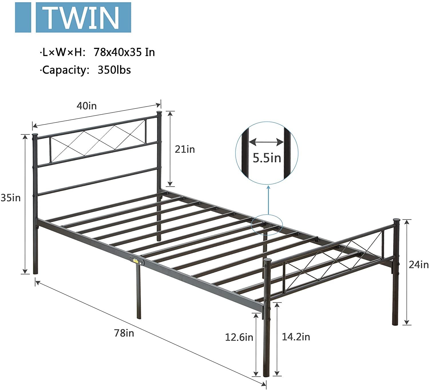 VECELO Metal Bed Frame with Headboard, Modern X-Design Platform Bed Heavy Duty Slat Support, Easy Assemly, Twin Size, Black