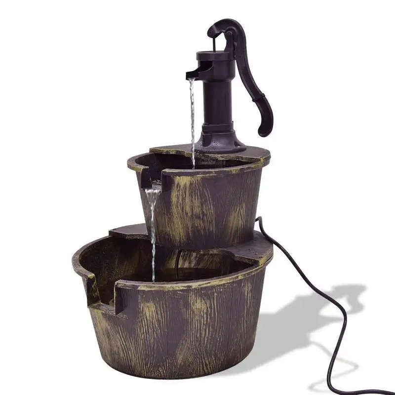 2 Tier Outdoor Rustic Pump Barrel Waterfall Fountain for Garden