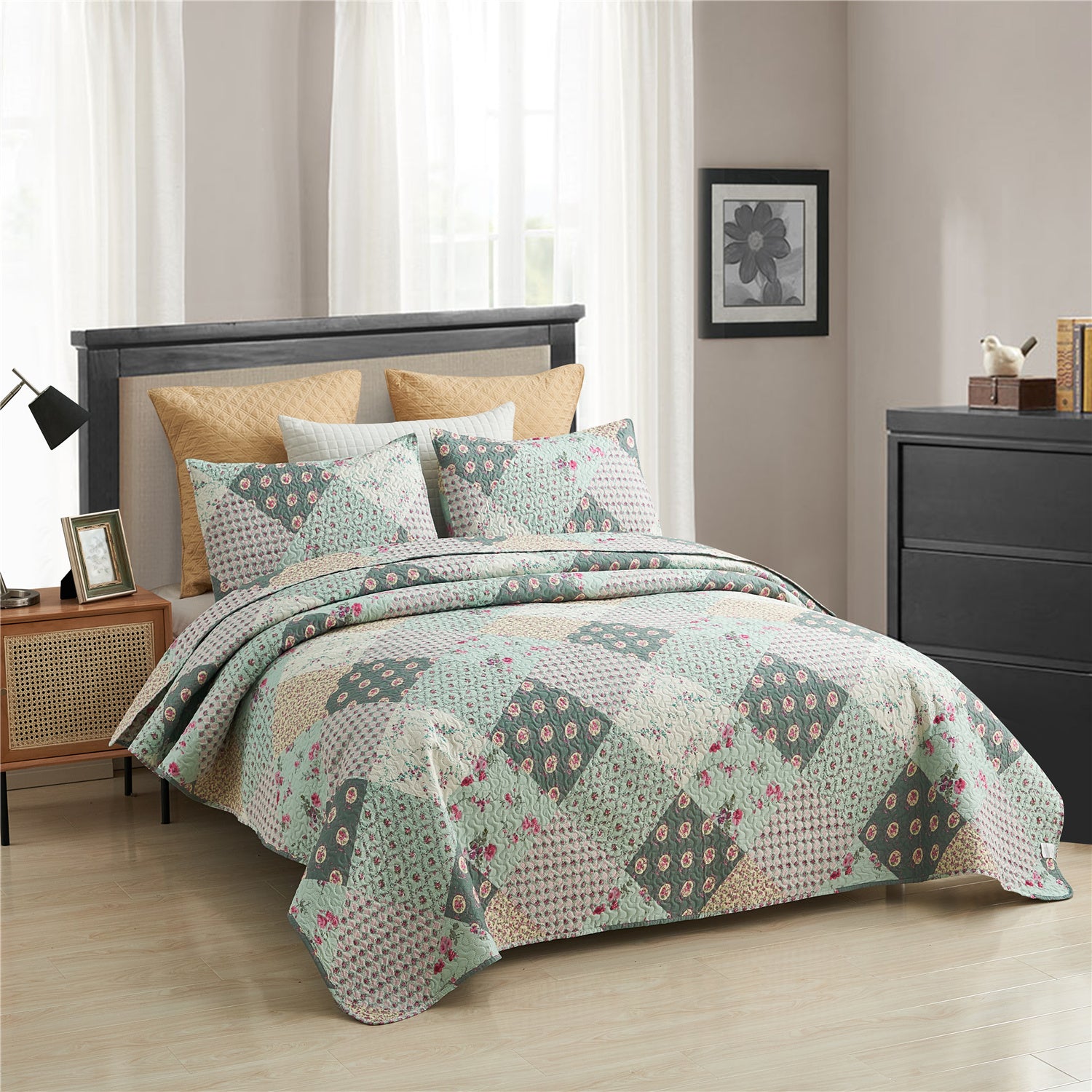 JML Quilt Set， Queen， Pastorale Green， 3 Piece