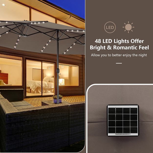 Costway 15ft Twin Patio Double sided Umbrella 48 Solar Led Lights Crank Outdoor Wine beige coffee orange