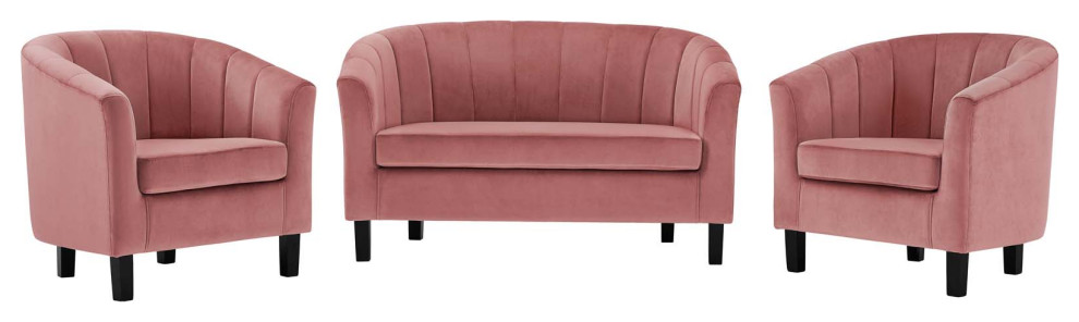 Modway Prospect 3 Piece Modern Channel Tufted Fabric Sofa Set in Dusty Rose Pink   Transitional   Living Room Furniture Sets   by Homesquare  Houzz