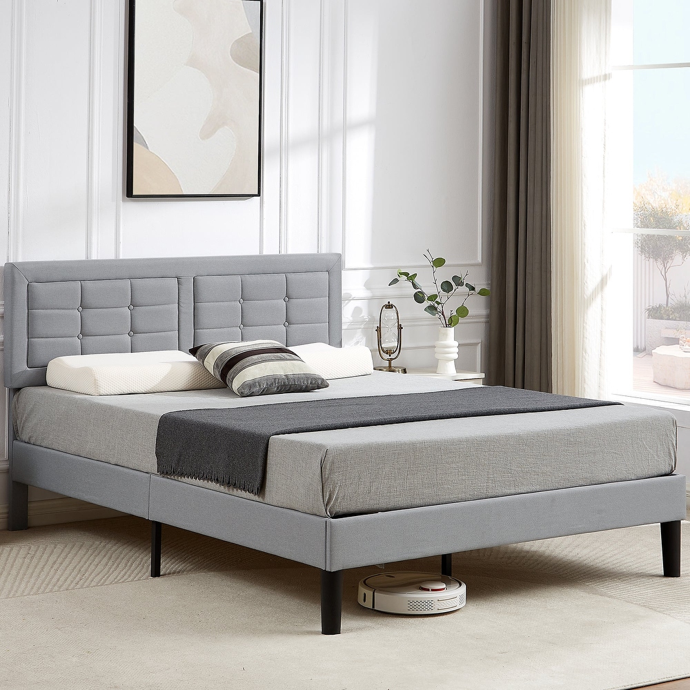 VECELO Tufted Upholstered Platform Bed Frame wth Adjustable Headboard  Dark Grey Beige Blue