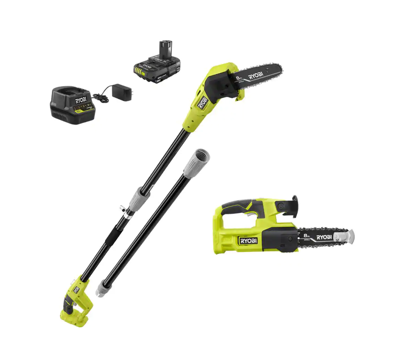 RYOBI P20310 ONE+ 18V 8 in. Cordless Battery Pole Saw and 8 in. Pruning Saw Combo Kit with 2.0 Ah Battery and Charger