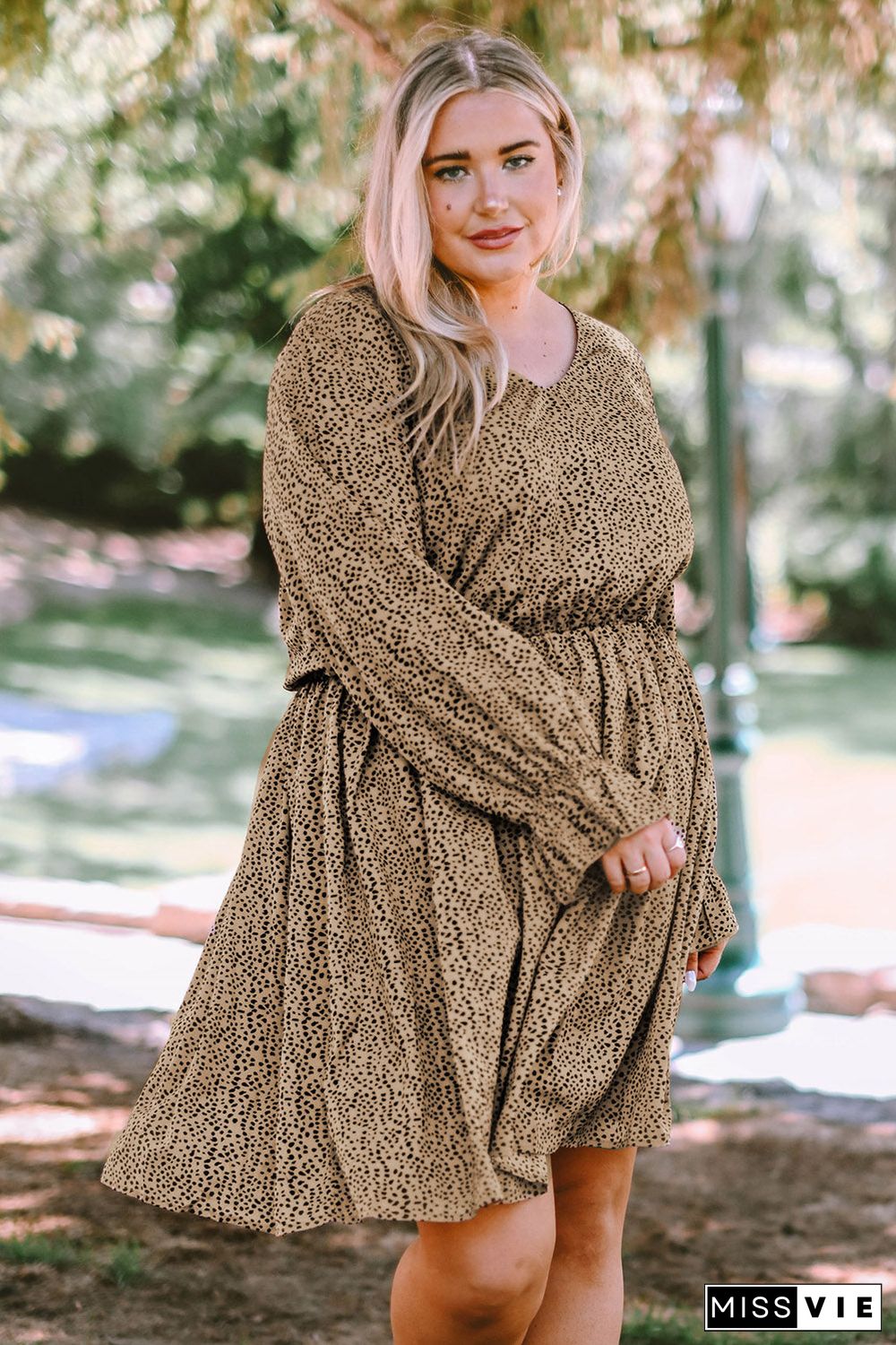 Khaki Plus Size Ruffled Long Sleeve Animal Spotted Print Dress