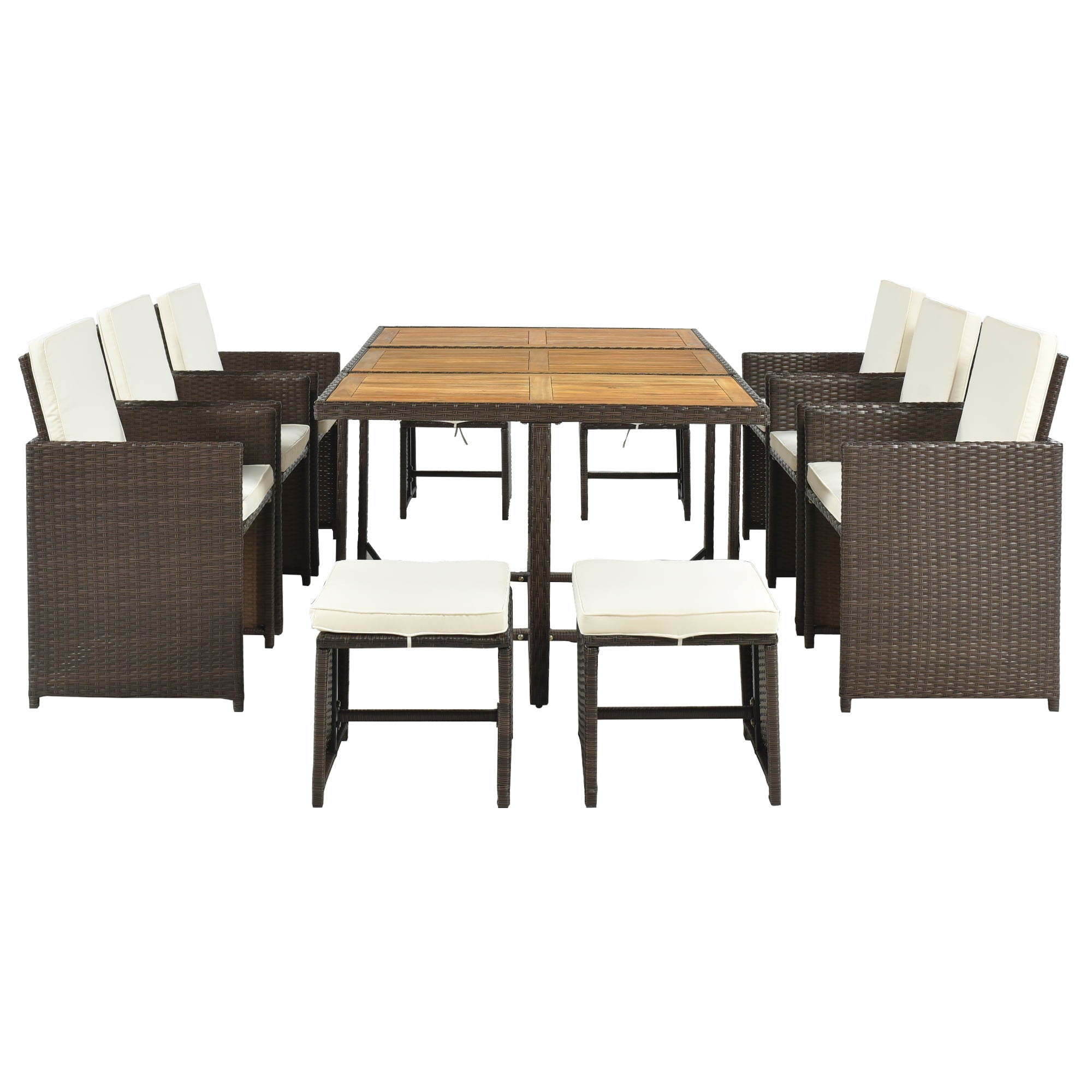 11 Piece Outdoor Dining Set, Patio Dining Table and Chairs Set with Ottomans, Backyard Conversation Sofa Set with Wood Tabletop & Cushions, Sectional Furniture Set for Garden, Pool, Deck, D8293