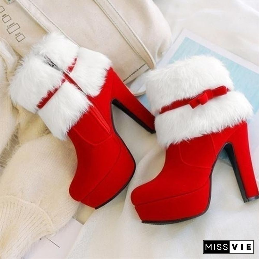 Brand New Women Winter Boots High-heeled Ankle Boots Suede Fur Booties For Casual/Party/Christmas Dress Black Red Colors