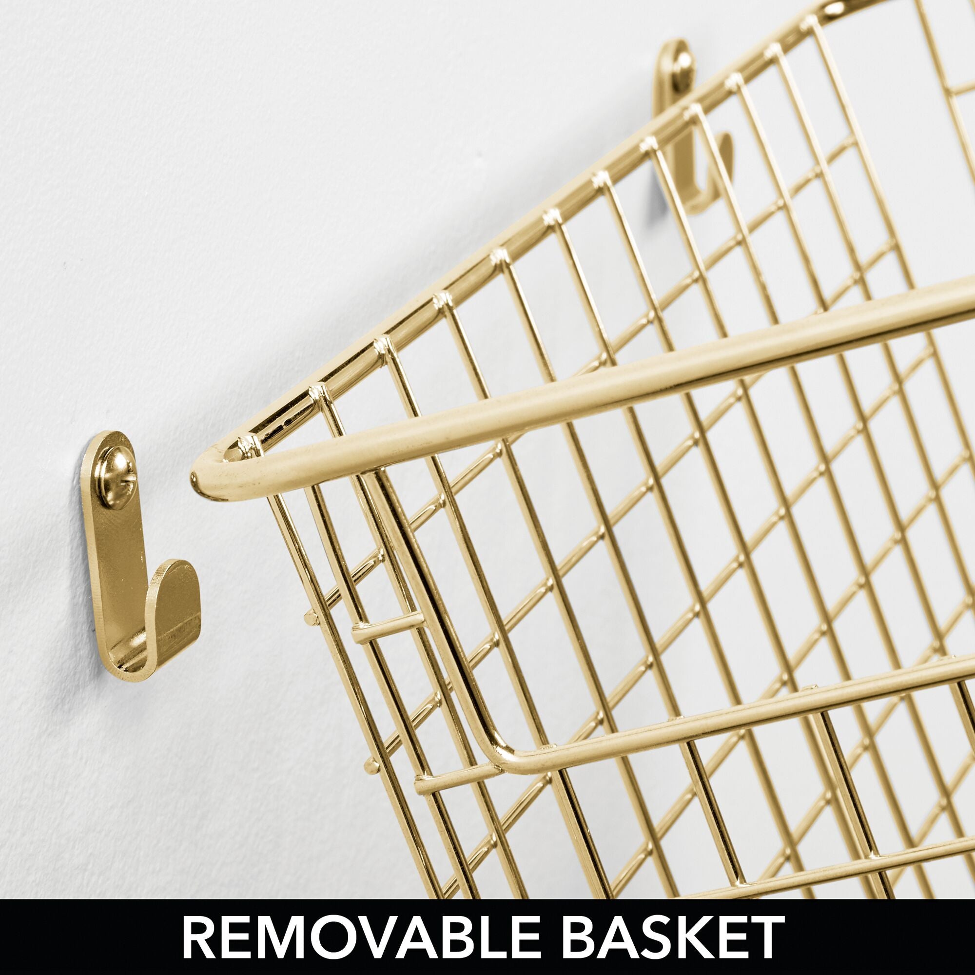 mDesign Wallmount Metal Storage Basket Tray with Handles - Decorative Organizer for Hanging in Entryway, Mudroom, Bedroom, Bathroom, Laundry Room - Small - Hooks Included - Soft Brass