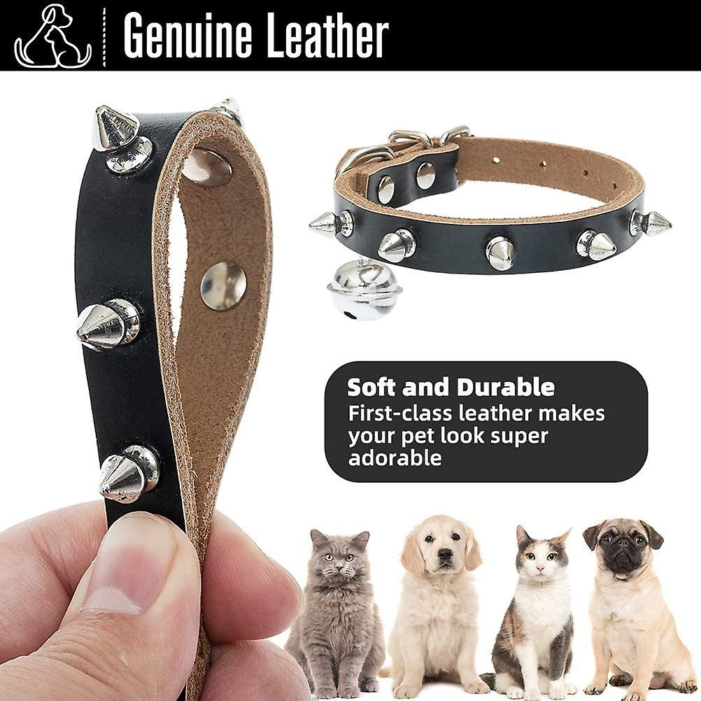 Genuine Leather Cat Collar With Bells   Studded Cat Collar With Spikes Soft And Strong Real Leather Made， Adjustable For Small Dogs Puppy Cats Black