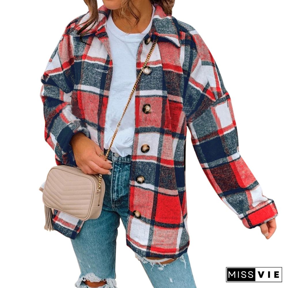 Hot Sale Women Fashion Plaid Shirt Jackets Turn-down Collar Autumn Oversized Jacket Fashion Loose Coat Streetwear Female Outwear