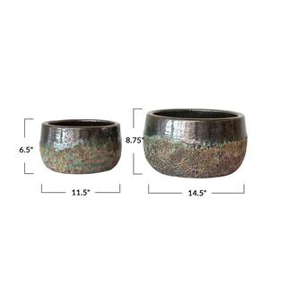 Storied Home Blue and Brown Textured Terra-Cotta Clay Floor Planters (2-Pack) DF8392