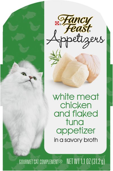 Fancy Feast Appetizers Grain-Free White Meat Chicken and Flaked Tuna Appetizer in Savory Broth Wet Cat Food， 1.1-oz tray， case of 10