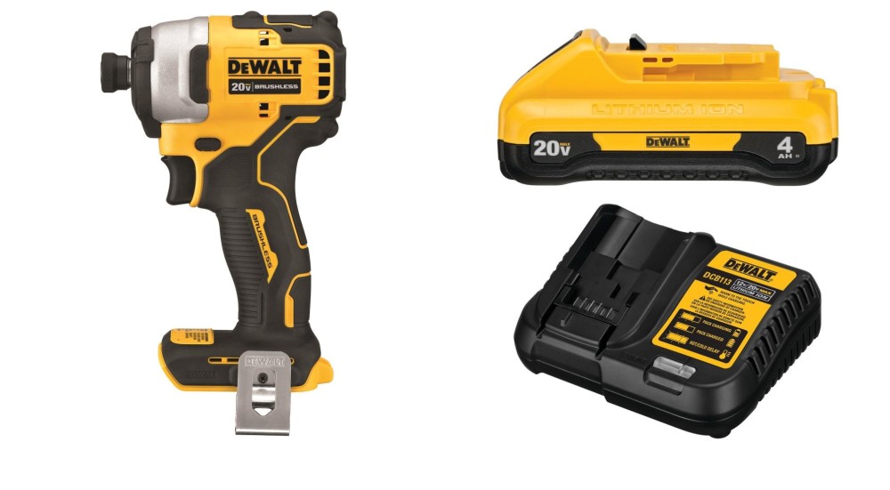 DEWALT 20V MAX Atomic Compact 1/4 Impact Driver with 4Ah Battery Starter Kit Bundle ;