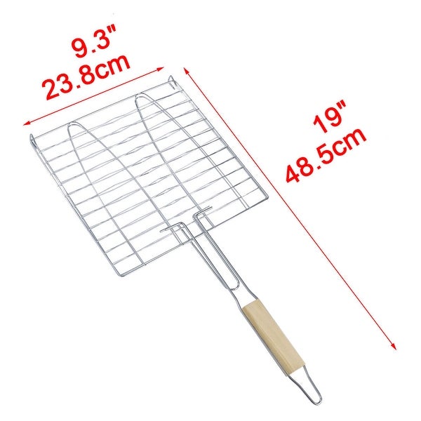 Wooden Handle Metal Mesh Fish Meat Barbecue Grill Grilling Folder Clip Clamp - 19