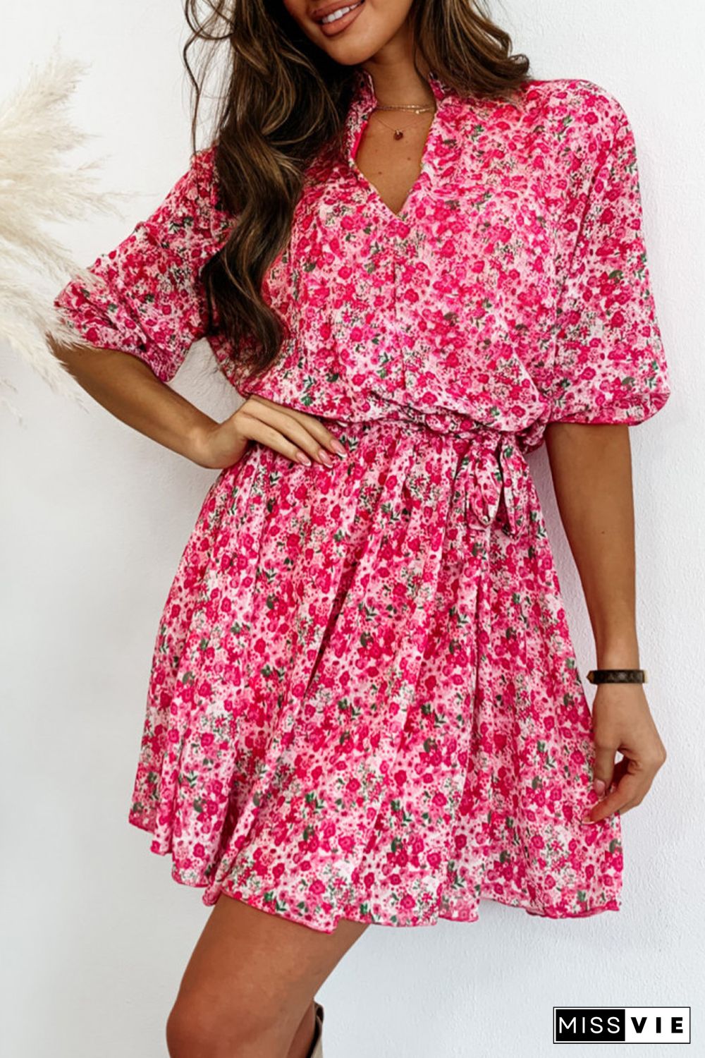 Rose Ditsy Floral Notch V Neck Belted Swing Dress