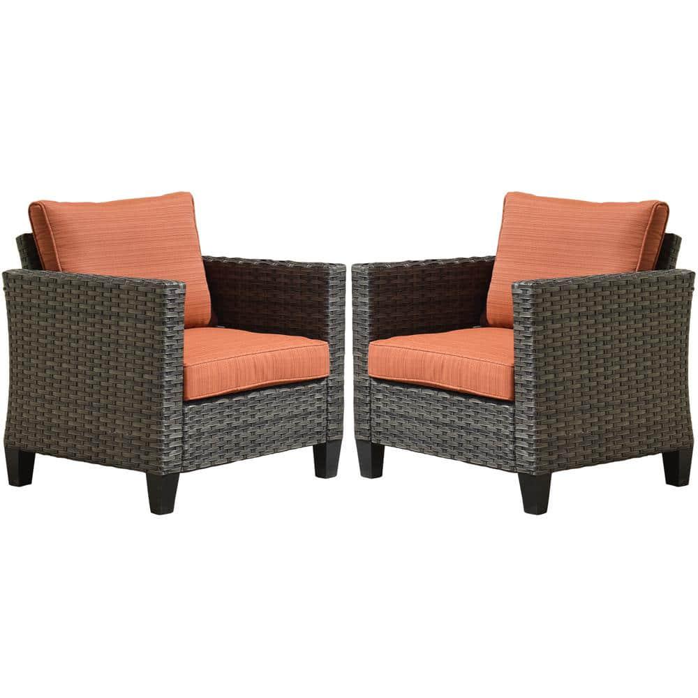 OVIOS New Vultros Gray 2Piece Wicker Outdoor Lounge Chair with Orange Red Cushions