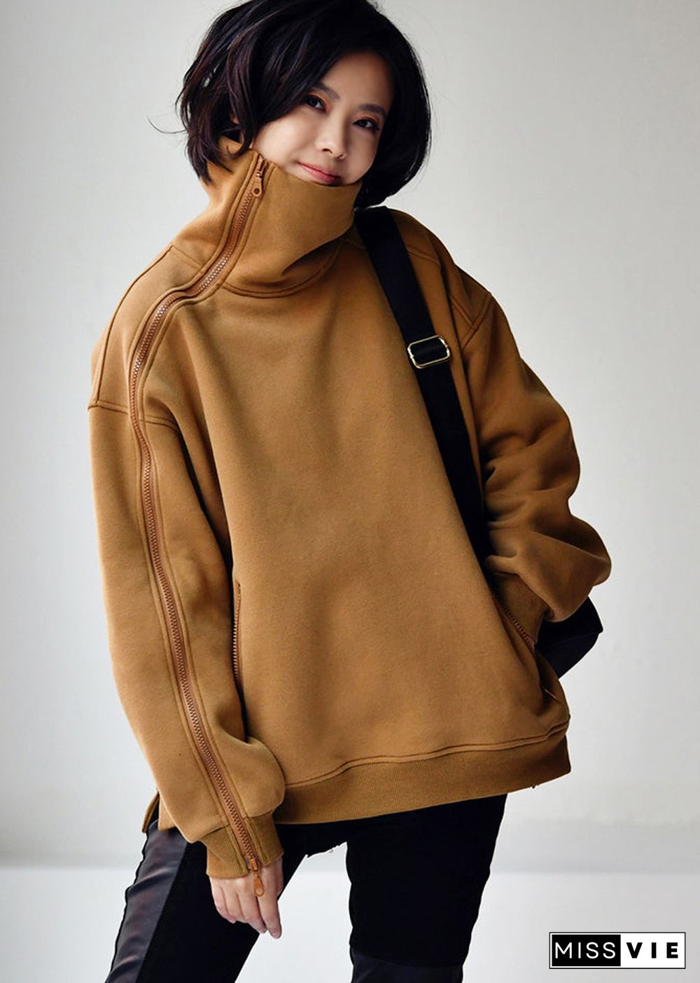 Beautiful Camel Colour Turtleneck Zippered Warm Fleece Thick Sweatshirt Winter