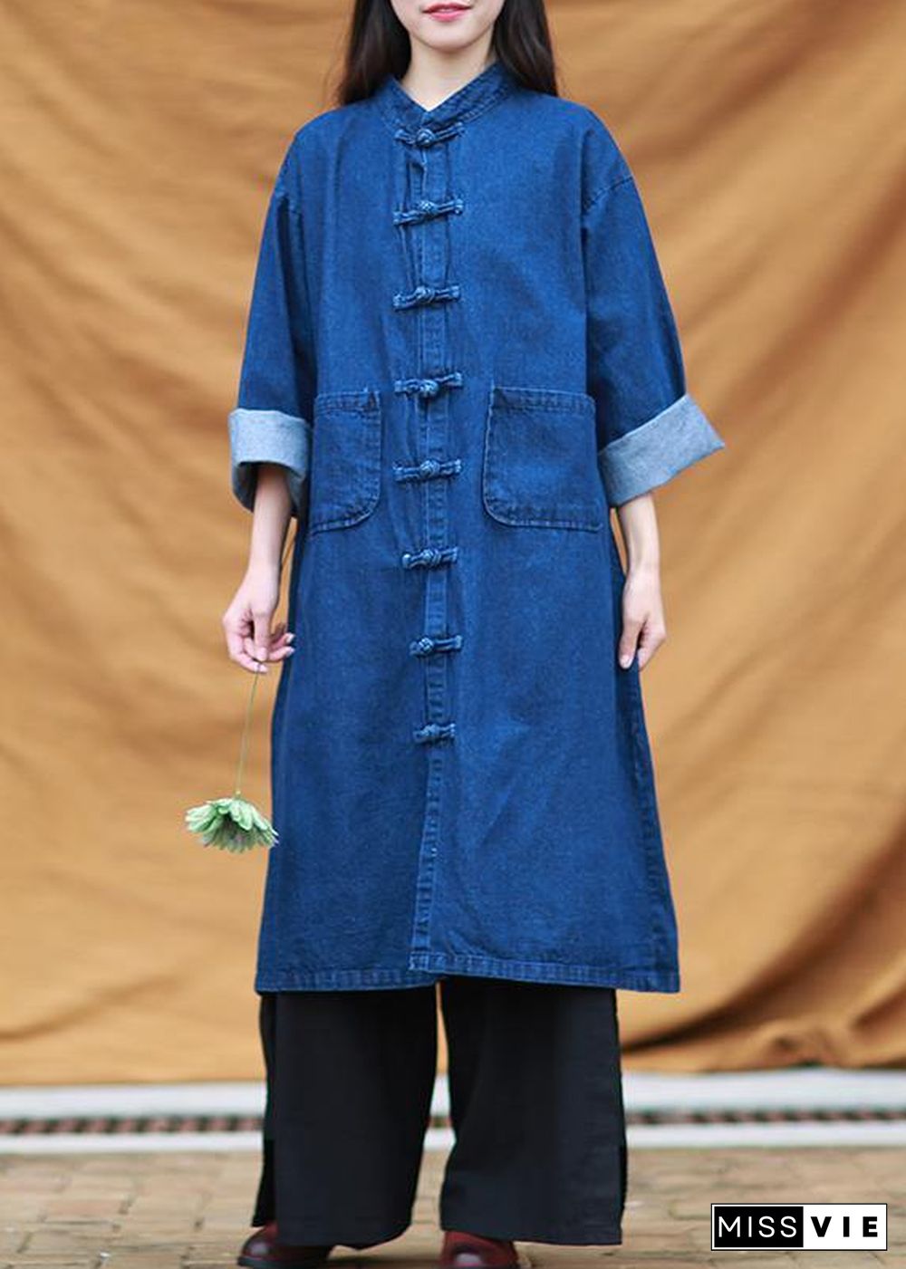 DIY denim blue tunic stand collar pockets Maxi Dress