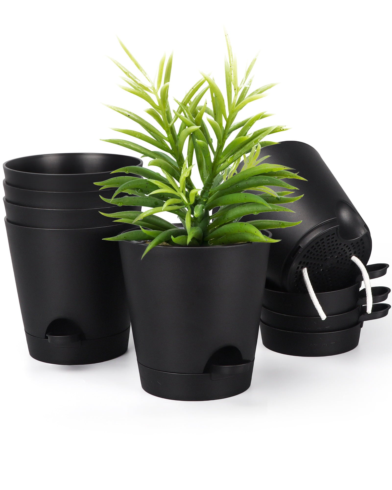 6 Inch Plant Pots Set of 6, Plastic Planter with Drain Holes and Removable Base, Black Flower Pot with Watering Lip for Indoor Outdoor House Plants