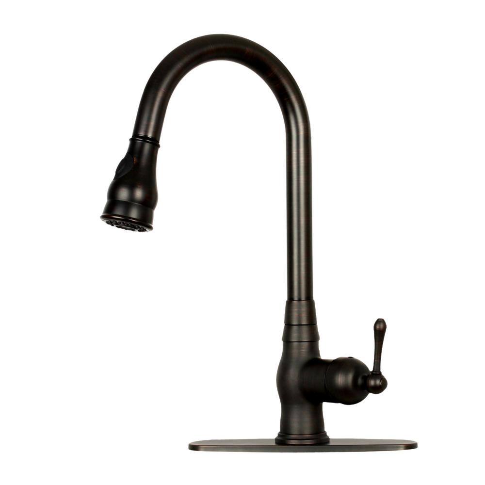 Akicon Single-Handle Pull Down Sprayer Kitchen Faucet with Deck Plate in Oil Rubbed Bronze AK418-ORB