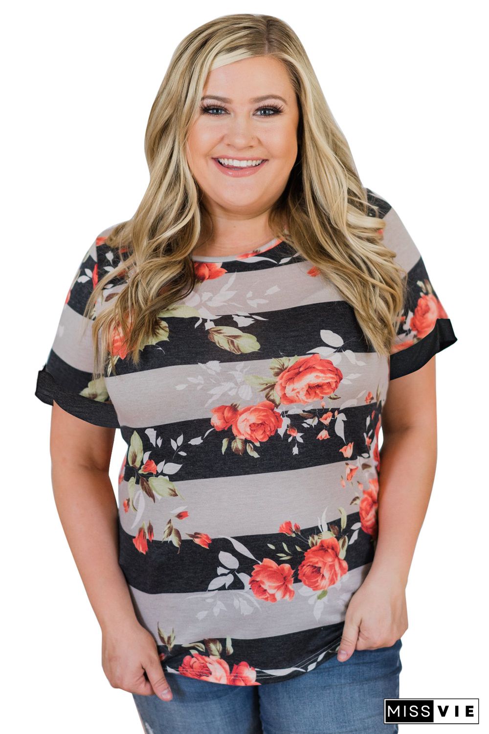 Gray Plus Size Striped Floral Short Sleeve Top