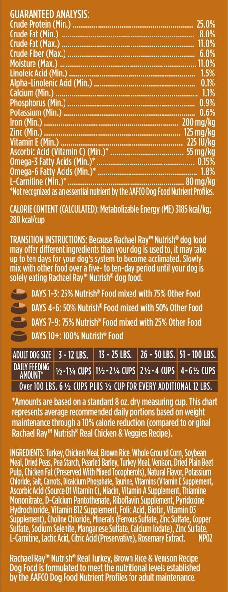 Rachael Ray Nutrish Real Turkey， Brown Rice and Venison Recipe Dry Dog Food