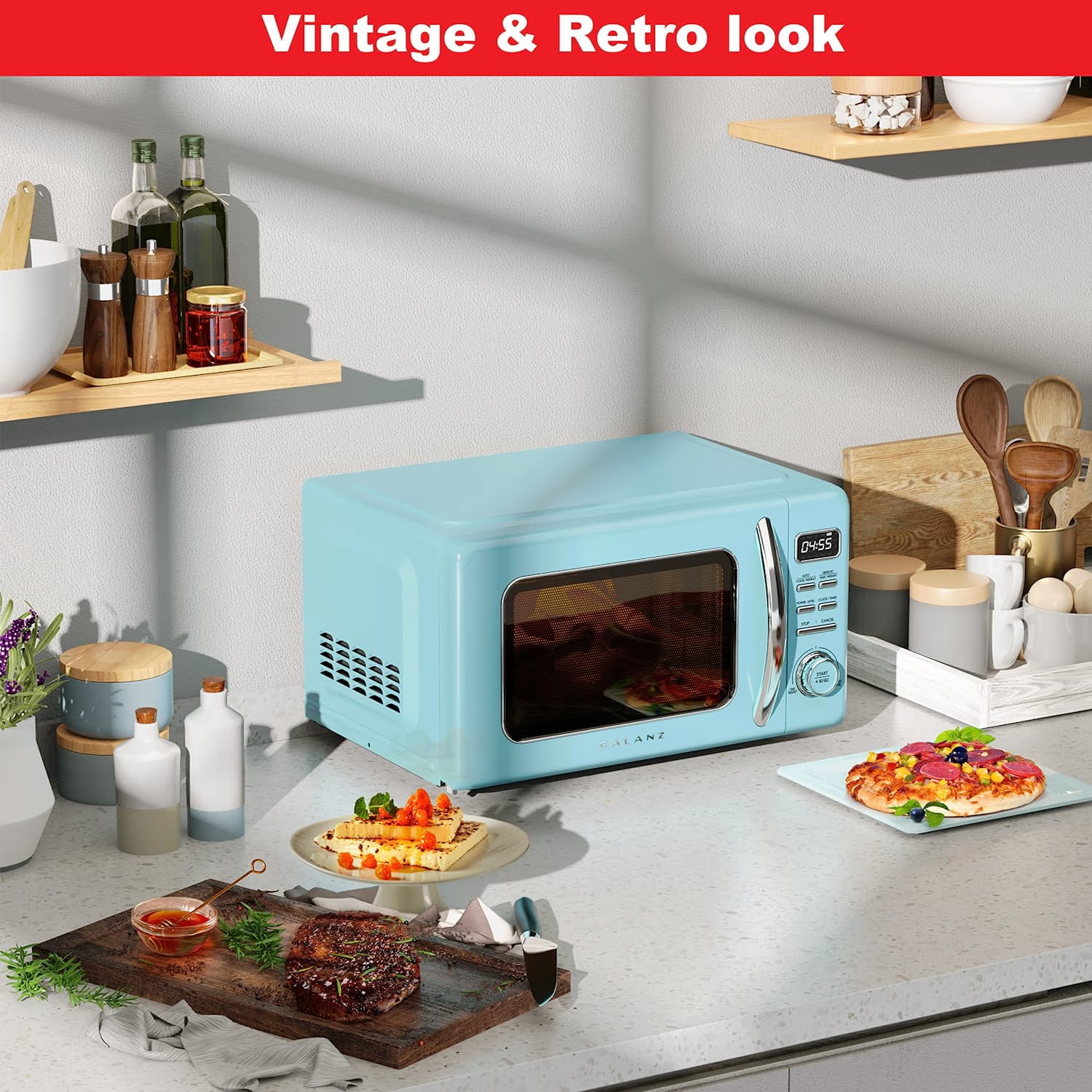 Galanz Retro Countertop Microwave Oven with Auto Cook & Reheat, Defrost, Quick Start Functions, Easy Clean with Glass Turntable, Pull Handle, .9 cu ft, Blue